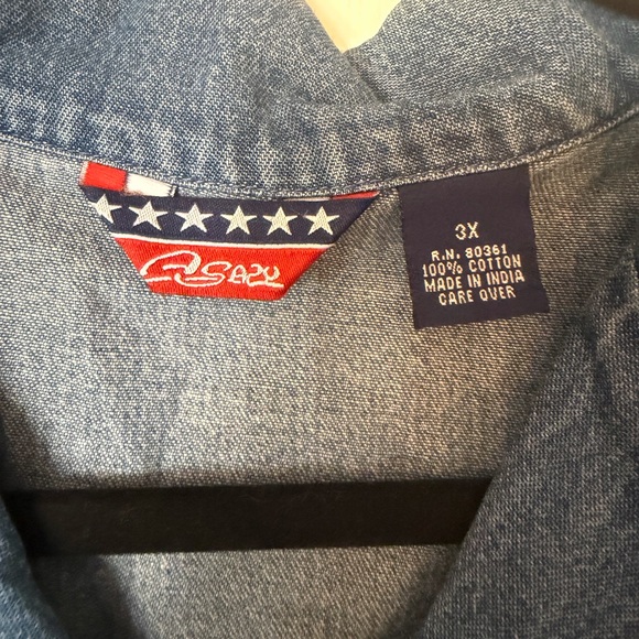 Denim Button-Up Shirt with Red White and Blue Embroidery - Picture 2 of 5